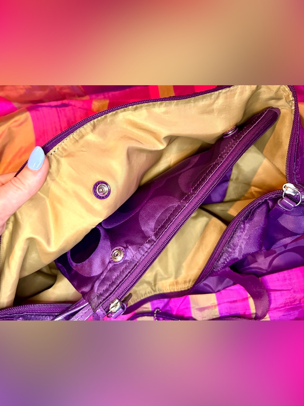 Coach Purple Getaway Signature Nylon Packable Weekender Tote Bag, Cosmetics Case - Picture 10 of 16